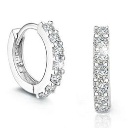 whole 2017 Silver Plated Hoop Huggie Earrings For Women White Crystal Zirconia Small Round Circle Creole Hoop Earing Wedding J266y