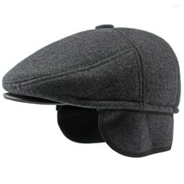 Berets HT4287 Thick Warm Winter Caps For Men Solid Black Grey Ivy Sboy Flat Cap Male 5 Panels Beret Hat With Ear Flaps