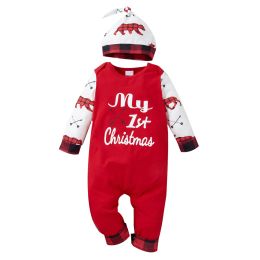 Jackets Newborn Infant Baby Boy Girl Christmas Clothes 012M Cotton Romper Letter Print Autumn Winter Jumpsuit Plaid Hat Clothing Set