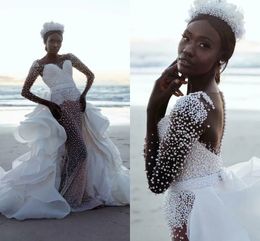 Luxurious African Wedding Dress 2024 Detachable Multi-Layered Skirt Heavy Pearls See Through Bridal Gowns Bride Vestidos De Novia Custom Made