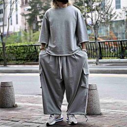 Men's Tracksuits Street Hip Hop Casual Set Summer Loose Bboy Two Retro Solid Colour T-shirt Jackets Skateboard Jackets Trousers Street Clothing Q240228