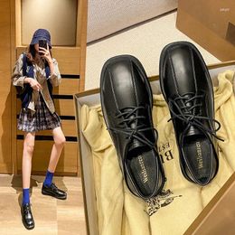 Casual Shoes 34-43 Big Size Flats Square Toe Lace Up Small Leather Women Moccasins Brogue Derby Loafers Low Heels Sewing Oxfords