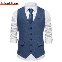 Mens Tweed Wool Suit Vest Single Breasted Slim Fit Waistcoat Herringbone 240228