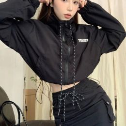 Jackets Deeptown Black Windbreaker Jackets Women Gorpcore Outdoor Y2k Kpop Zip Cropped Jacket Korean Fashion Streetwear Hippie Harajuku