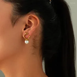 Dangle Earrings ALLME Elegant Simulated Pearl Hollow Irregular Geometric Drop For Women's Gold PVD Plated Titanium Steel Jewellery