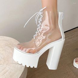 Boots Womens Ankle Lacing Round Toe Ladies High Heels Spring Autumn Transparent Pvc Platform Shoes Handmade Motorcycle