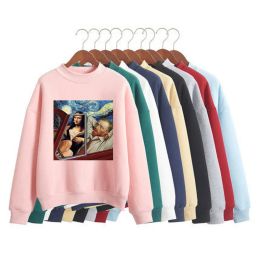 Sweatshirts Funny Spoof Mona Lisa Van Gogh Printed Hoodies Women Fleece Long Sleeve O Neck Loose Sweatshirt Women Hoodie Pullovers Autumn