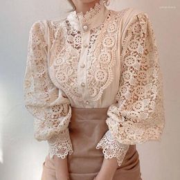 Women's Blouses French Floral Shirt Loose Chic Lace Cutout Top Patchwork Long-sleeved Stand-up Collar