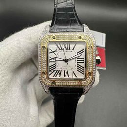Good quality men watches 2824 movement CZ diamonds two tone gold case 38.5mm white dial black leather strap watch.
