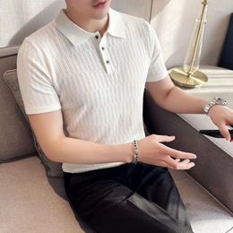 Men's Polos 2024 Men Transparent Mesh Knitted Polo Shirt Summer Short Sleeve V-Neck Hollow Tee Tops Male Casual Stripe Elastic Shirts