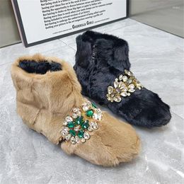 Boots Fashion Crystal Winter Warm Furry Botines Mujer Real Snow Thick Sole Platform Shoes Skidproof Creepers Flats