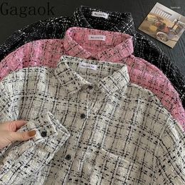 Women's Jackets Gagaok Temperament Contrast Colour Lapel Plaid Shirt Coat 2024 Autumn Korean Fashion Chic Jacket