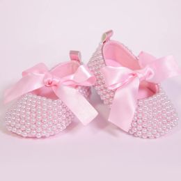 Outdoor Dollbling Newborn Baby Girl Baptism Gift Crochet Pink Pearl Shoes Infant Bootie Silk Laceup Softsole Breathable Comfortable