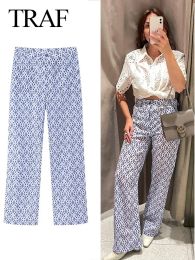 Pants TRAF 2023 Women New Fashion Printed Straight Pants Casual Zipper High Waisted Pockets Full Length Lightweight Female Trousers
