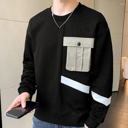 Men's Hoodies Casual Round Neck Sweatshirt Applique Pocket Patchwork Soft Breathable Pullover For Fall Spring