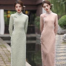 Ethnic Clothing 2 Colors Spring Traditional Chinese For Women Thick Improvement Cashmere Lady Green Modern Cheongsam Evening Dresses