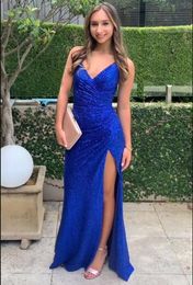 Black Red Sequins Long Prom Party Dress with Side Slit Mermaid Evening Gown V Neckline Pageant Gowns lace-up back