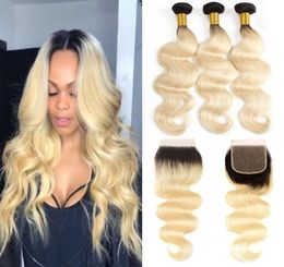 Body Wave Malaysian Human Hair 1B613 Ombre Blonde Bundles with Closure Peruvian Brazilian Blonde Virgin Hair Weaves with 44 Lace4375818