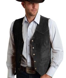 Men Vest Black Suede Leather Gentleman Business Waistcoat Vintage Western Cowboy Regular Slim Banquet Suit 240228