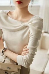 Women's Sweaters Fashion Bow Knit Sweater Women Slash Neck Long Sleeve Top Korean Womens Clothing Pullovers Autumn Winter