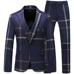 Jackets Jacket Vest Pants 2023 High Quality Men Suits Fashion Grid Men Slim Fit Business Groom Wedding Plaid Blazers Coat 3 Pieces Sets