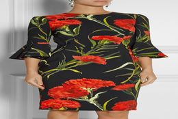 New Women Romantic Flower Print Dress Elegant Flare Sleeve ONeck Sheath Party Dresses A50574856178