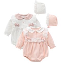 Jackets Princess Lace Flower Baby Girls Clohtes 2021 Summer Bow Bodysuits Long Sleeve Infant Girls Jumpsuit with Hat
