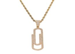 Pendant Necklaces Hip Hop Prong Setting CZ Stone Bling Out Solid Pin Paper Clip Pendants Necklace For Men Rapper Jewellery Gold Silv6807759