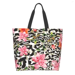 Shopping Bags Leopard Pattern Bag Reusable Flower Tote Animal Print Shoulder Casual Lightweight Large Capacity