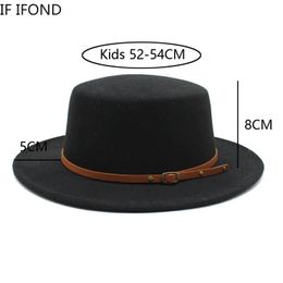 Small Size 52 54CM British Style Child Fedora Hats Boy Girls Kids Flat Top Felt Jazz Hat Formal Party Dress Cap 240219