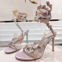 Designer High Heel 2024 Sandal 95mm Dress Shoes Strap Snake Strass Ankle Wraparound Stiletto Heel Fashion Slingback party Wedding Evening shoes