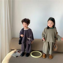 Clothing Sets Spring Children Cotton Kitted Striped Loose Outfits Kids Long Sleeve Oversized Sweatshirt And Wide Leg Pants 2pcs