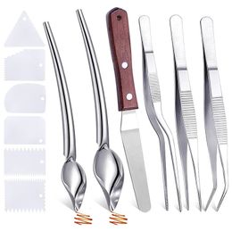 12Pcs Stainless Steel Cooking Tweezers Precision Tongs Culinary Drawing Spoons Plastic Plating Wedge Set for Plates Decor 240226