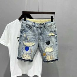 Men's Shorts New arrival of 2023 summer mens casual denim shorts fashion cat whispers denim torn distressed patch tight jeans J240228