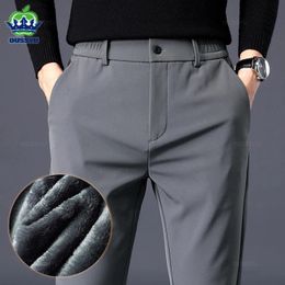 Winter Warm Fleece Trousers Men Thicken Business Stretch Slim Elastic Waist Jogger Korean Outdoor Sweatpants Suit Pants Male 240228