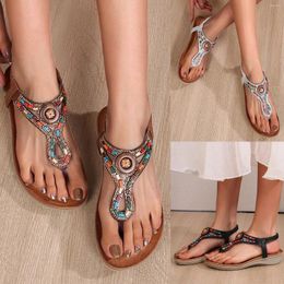 Summer Sandals Ladies Fashion Hollow Rhinestone Beaded Round Toe Flat Bottom Decorative for Women Fancy
