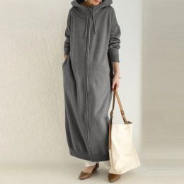 Dress Autumn Winter Women's Sports Plush Hooded Dress Casual Long Sleeve Zipper Coat Plus Size Solid Robe Dresses For Women