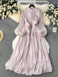 Casual Dresses French Luxury Folds Wedding Formal Occasion For Women's Stand Puff Sleeve Chic A-Line Pleated Shine Robe Clothes Holiday