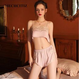 Women's Sleepwear MECHCITIZ Sexy Silk Pamas for Women Summer Pyjamas Female Nightgown Lace Lingerie Sleep Set with Satin Shorts