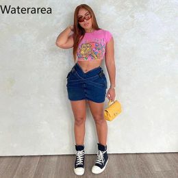 Skirts Waterarea Women Fashion Washed Buckle Criss Cross V-waist Pocket Side Cargo Denim Bodycon Midi 2024 Streetwear JeansSkirt