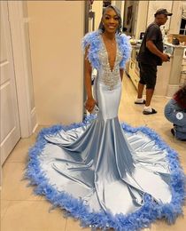 Blue O Neck Long Prom Dress For Black Girls 2024 Beaded Crystal Birthday Party Dresses Feathers Evening Gowns Robe De Ba