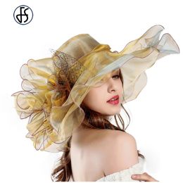 Snapbacks Fs 2023 Fashion Spring Summer Organza Kentucky Hats for Women Elegant Ladies Wide Large Brim Church Wedding Hat with Big Flower