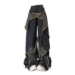 Women's Jeans SIRI American Retro Washed Wide-Leg Star Patch Jeans Women High Street Y2K Niche Design Straight Loose Slim Joker Mop Pants