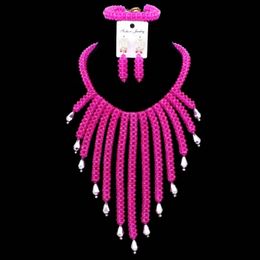 Dudo Fuchsia African beads Jewellery Set Tassel Design Design with Silver Waterdrop Choker Necklace Set Handmade Jewellery