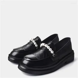 Dress Shoes Pearls Chain For Women Round Toes Ladies Low Heels Chassure Femme Sewing Lines Female Loafers Stitching Zapatos De Mujer
