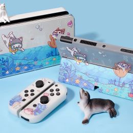 Cases 2023 New Nintend Switch OLED Case Sea Cat Dog Matte Hard Shell Transparent Split Joycon Protective Cover For Switch OLED Cases