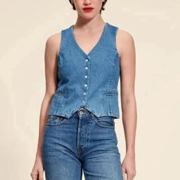 Women's Vests Spring 2024 Women V-neck Denim Vest Jacket Sleeveless Single-breasted Ladies Vintage All-Match Back Lace Up Top