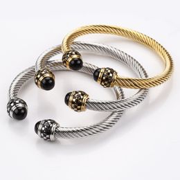 Fashion Designer Plaid Open Cuff Bangles for Men Women Titanium Steel Wire Rope Bracelet Jewelry Dropshipping YMB030