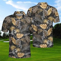 Men's Polos Golden Palm Leaves 3D Printed Polo Shirts For Men Clothes Luxury Tropical Hawaiian Flower Graphic Shirt Male Short Sleeve