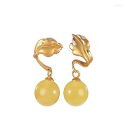 Stud Earrings S925 Sterling Silver Gold Plated Natural Amber Beeswax Ear Studs Retro Personality Leaves Round Beads Eardrops1035602